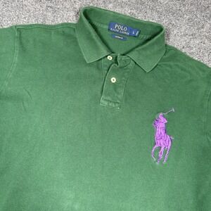VTG Ralph Lauren Polo Shirt Mens Size L Green Big Pony Preppy Purple Logo